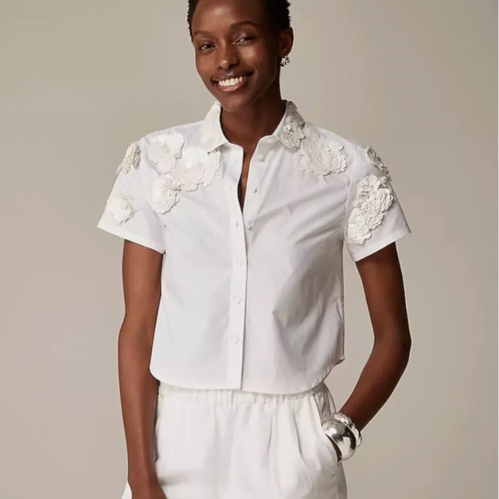 NWT J. Crew Collection cropped button-up shirt with floral appliqués